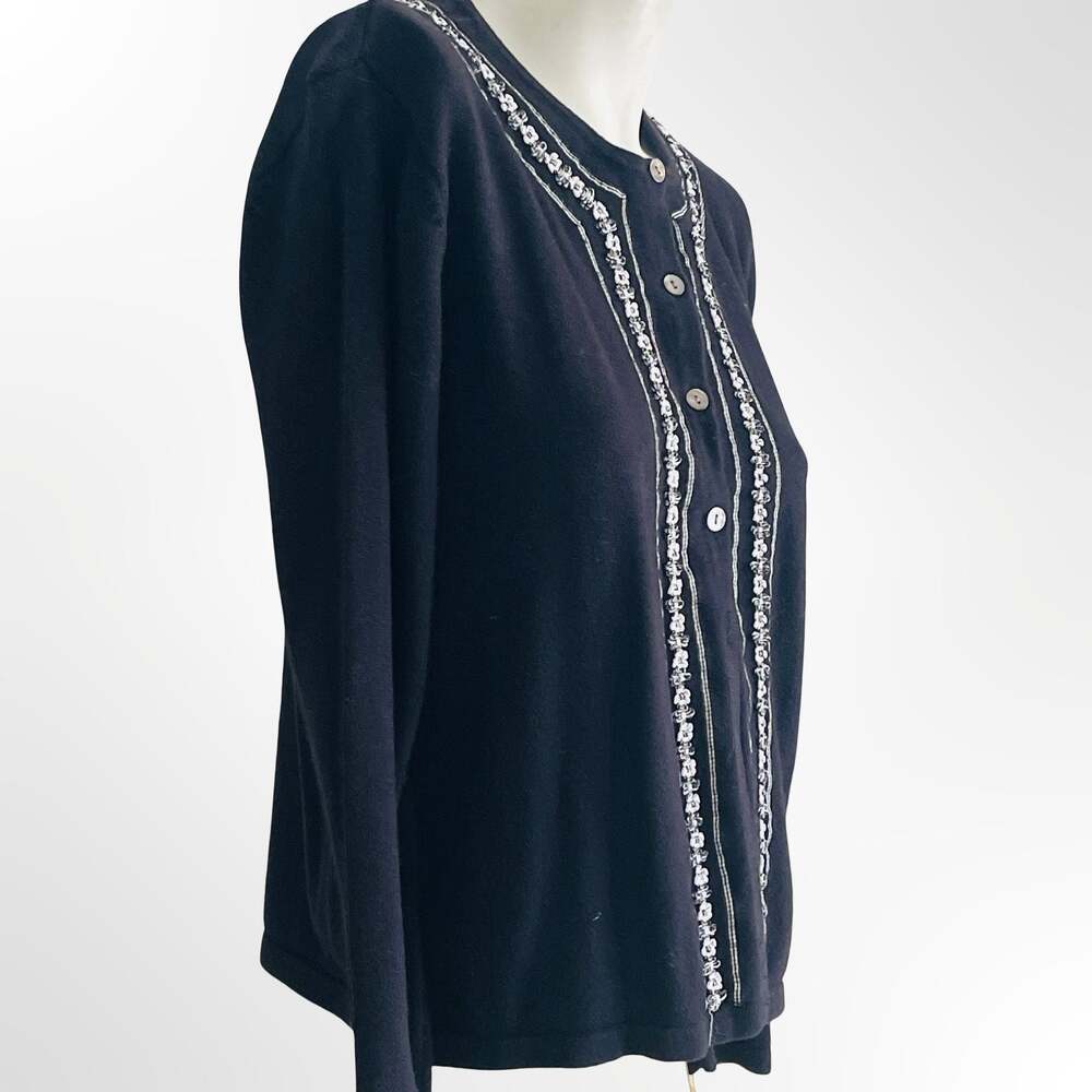 Talbots Black 100% Cotton Cardigan Sweater with Sequin and Bead Trim - Picture 2 of 8